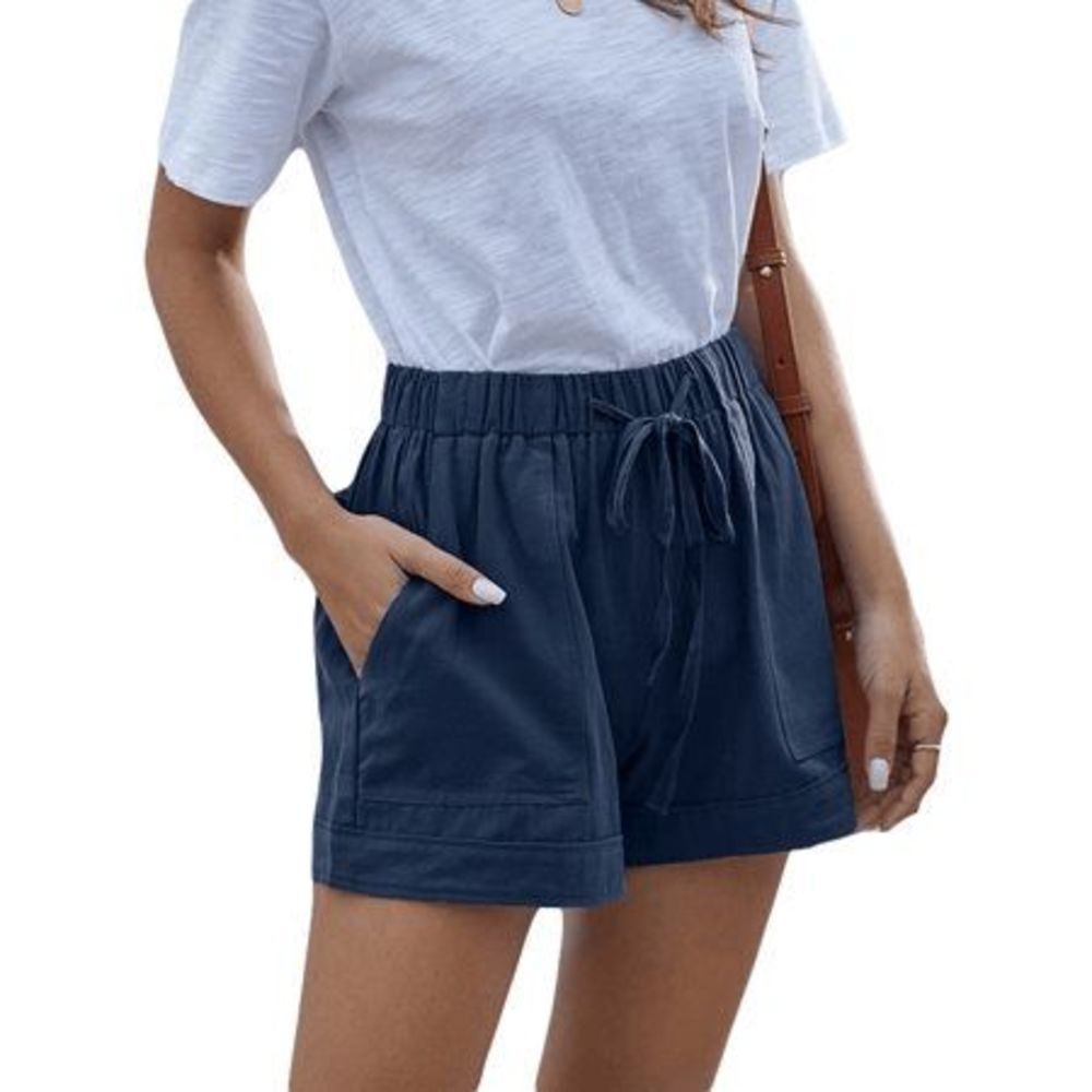 GOHEVAC Women's Casual Drawstring Lounge Shorts w/ Pockets Navy Blue Size Medium
